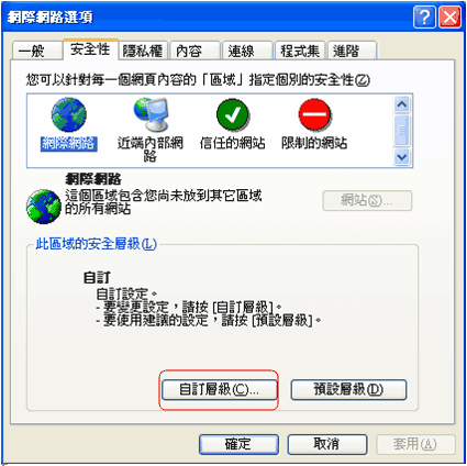 (1) 点选「安全性」分页，并点选「自订层级」